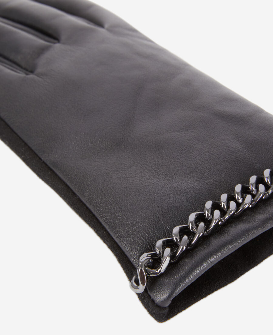 gants femme en cuir noir avec chaîne