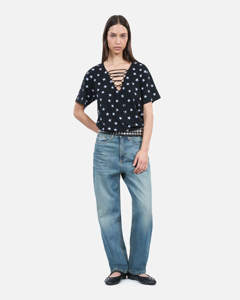The Kooples DAMEN BLACK WASHED schwarzes t-shirt mit sterne-print
