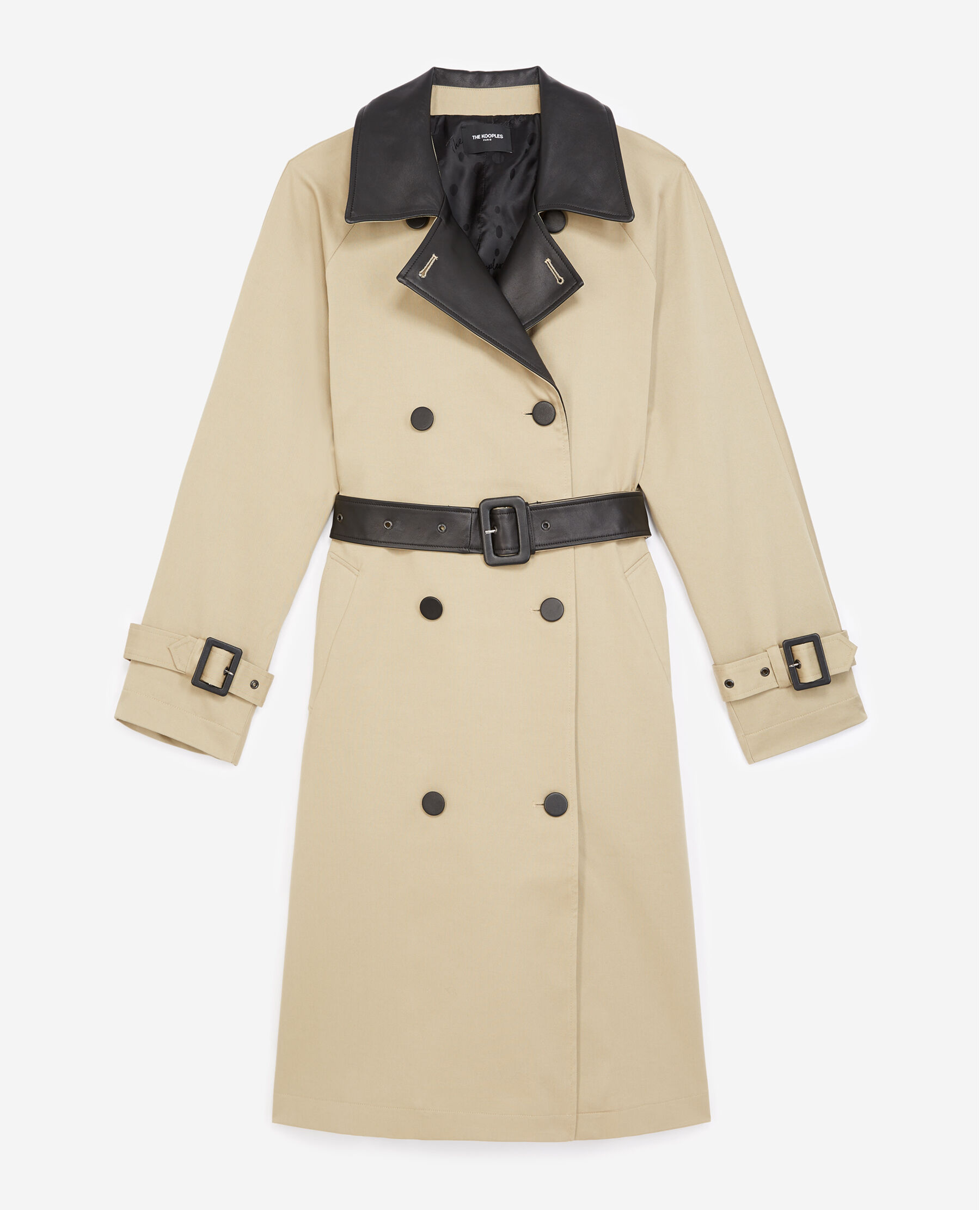 Trench coton beige mi long details cuir