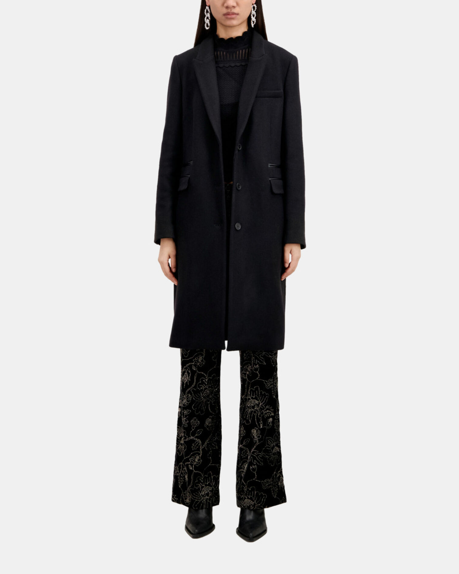 Manteau long noir en mélange de laine, BLACK, hi-res image number null