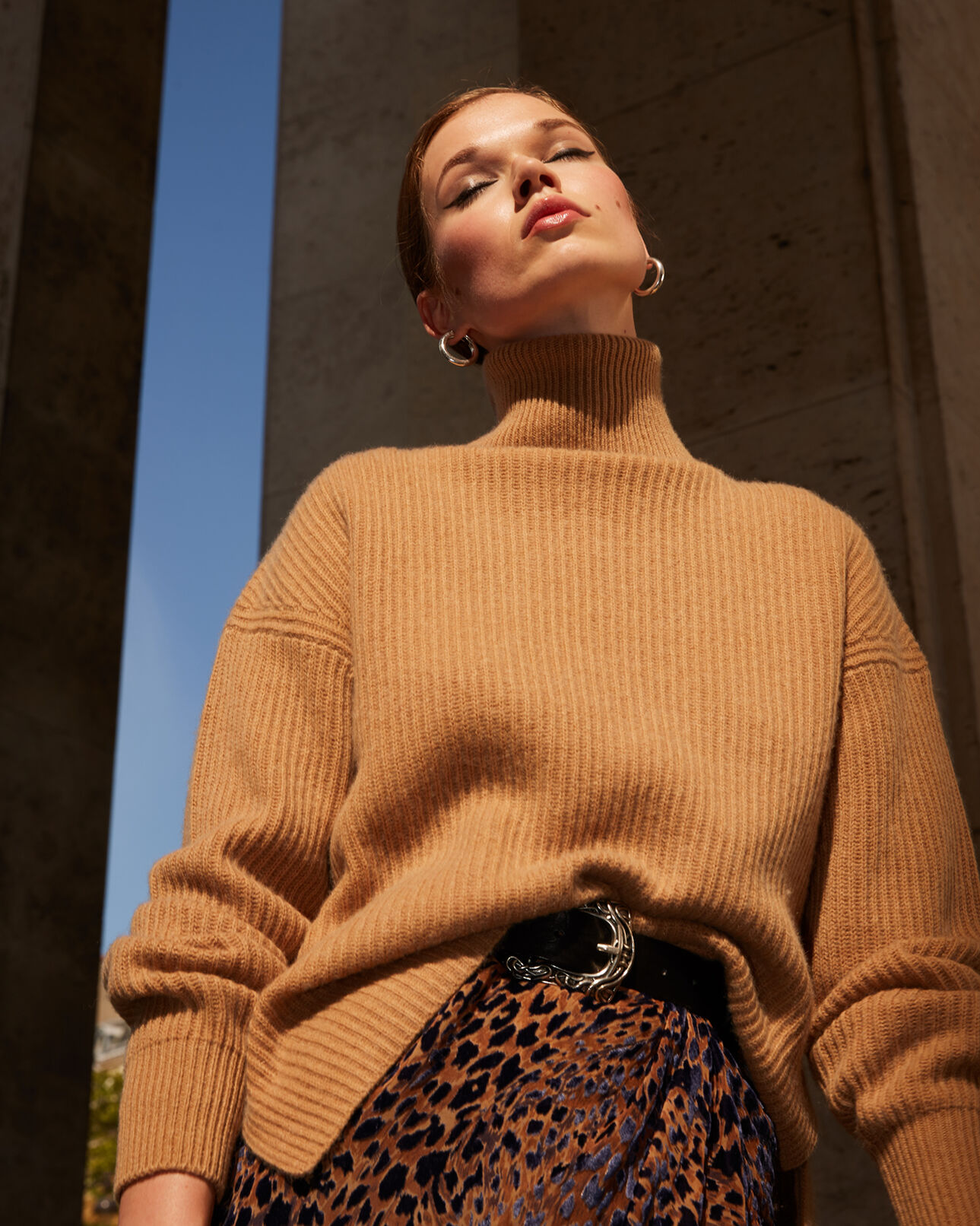 The Kooples WOMEN CAMEL side split long turtleneck sweater in camel
