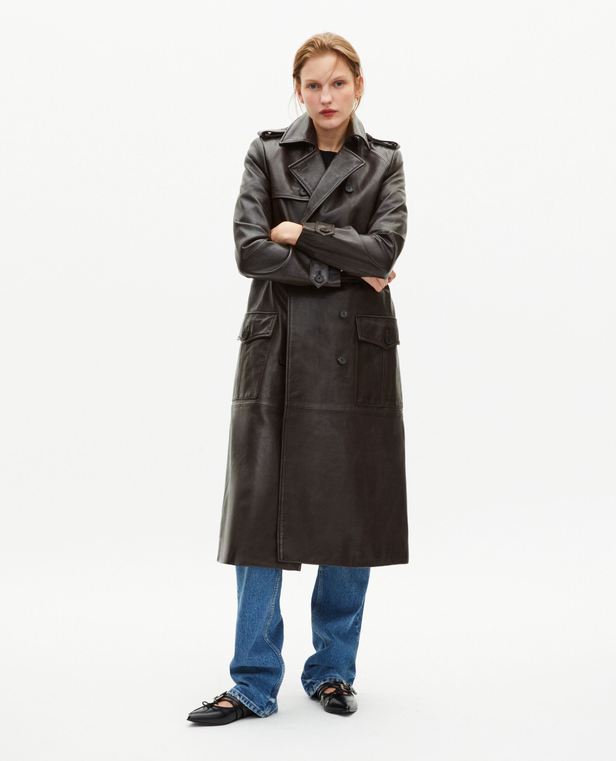 FREEDOM rum leather long trench coat ダブル Double-Breasted Leather Trench Coat, Black (US, Alpha, X