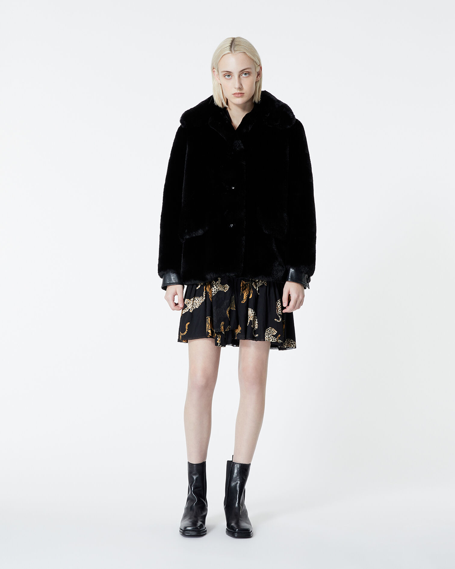 Short black faux fur coat, BLACK, hi-res image number null