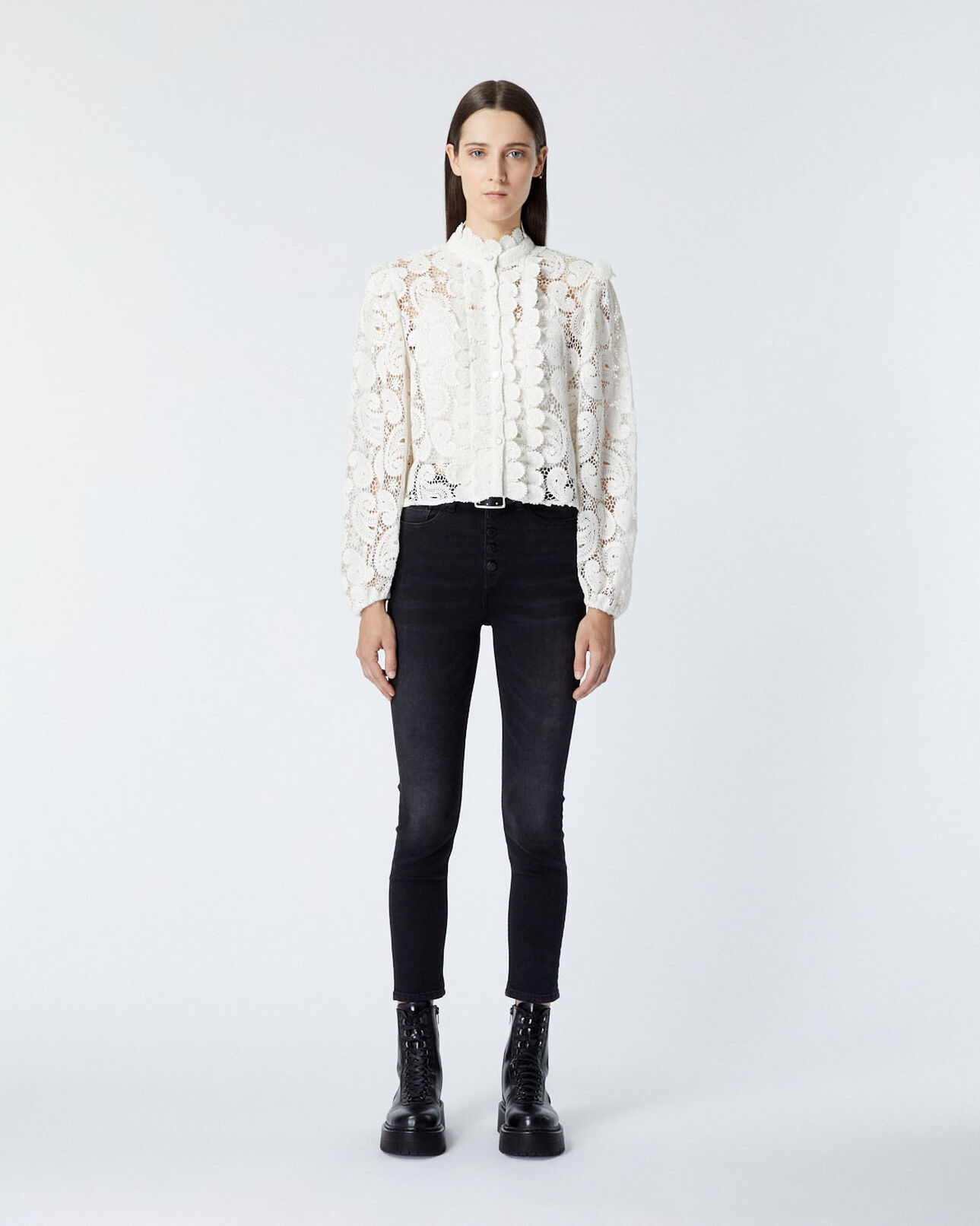The Kooples FEMME ECRU chemise dentelle écrue à col montant