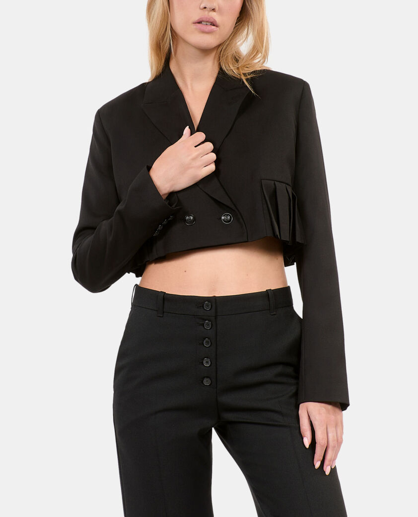 The Kooples FEMME BLACK veste courte pliss&eacute;e en laine m&eacute;lang&eacute;e noire