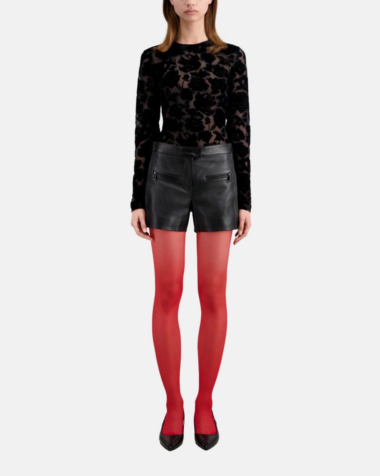 The Kooples WOMEN BLACK black leather shorts with pintuck details