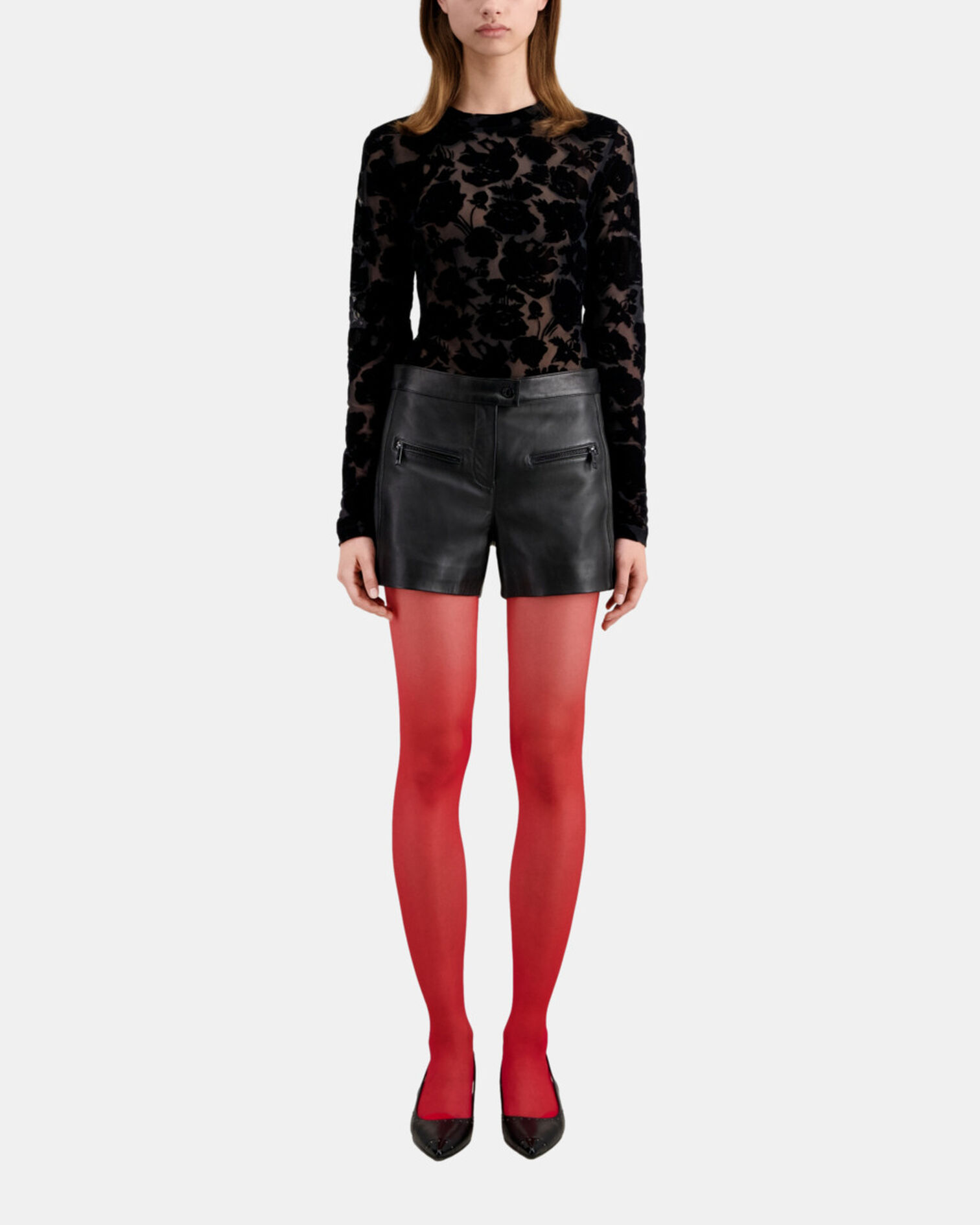 Black leather shorts with pintuck details, BLACK, hi-res image number null