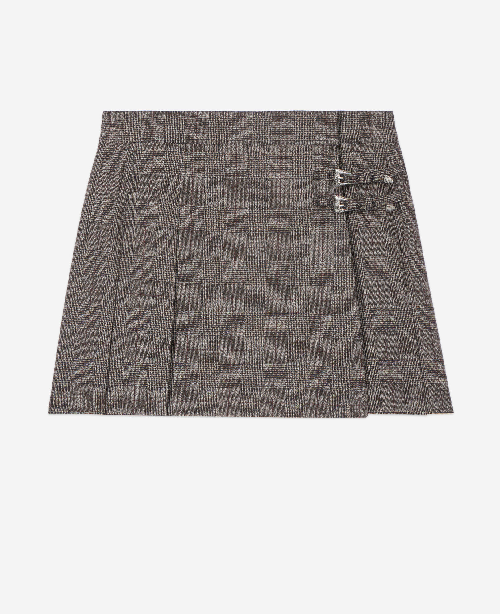 The Kooples WOMEN BROWN prince of wales short pleated wool wrap skirt