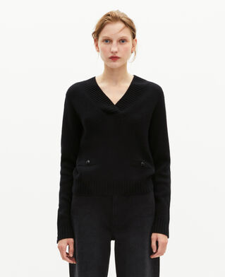 The Kooples FEMME BLACK pull col v en laine mérinos noir
