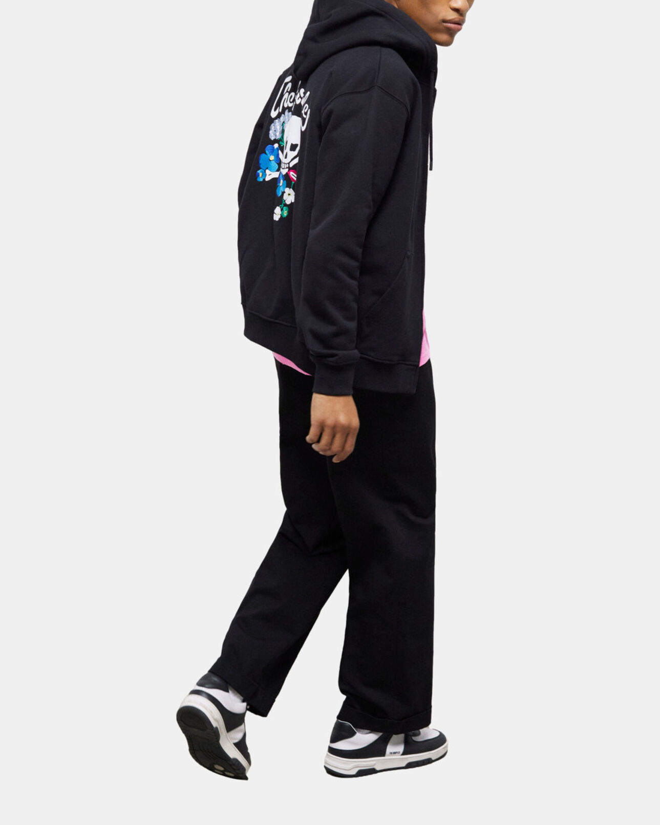 The Kooples MEN BLACK zipped black hooded sweatshirt with embroidery