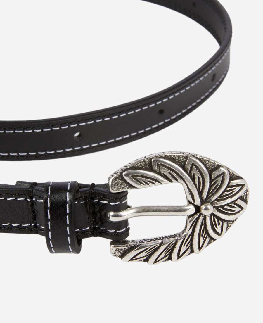 thin black leather belt with flower engraved buckle