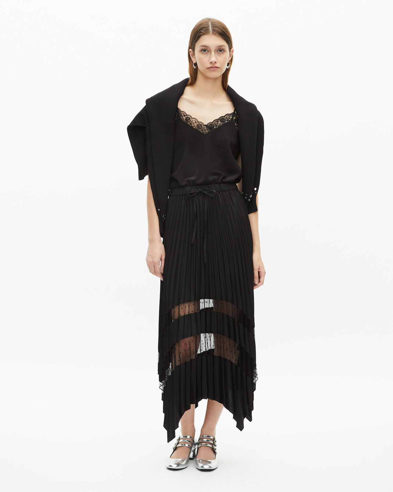 The Kooples DAMEN BLACK langer faltenrock mit schwarzer spitze