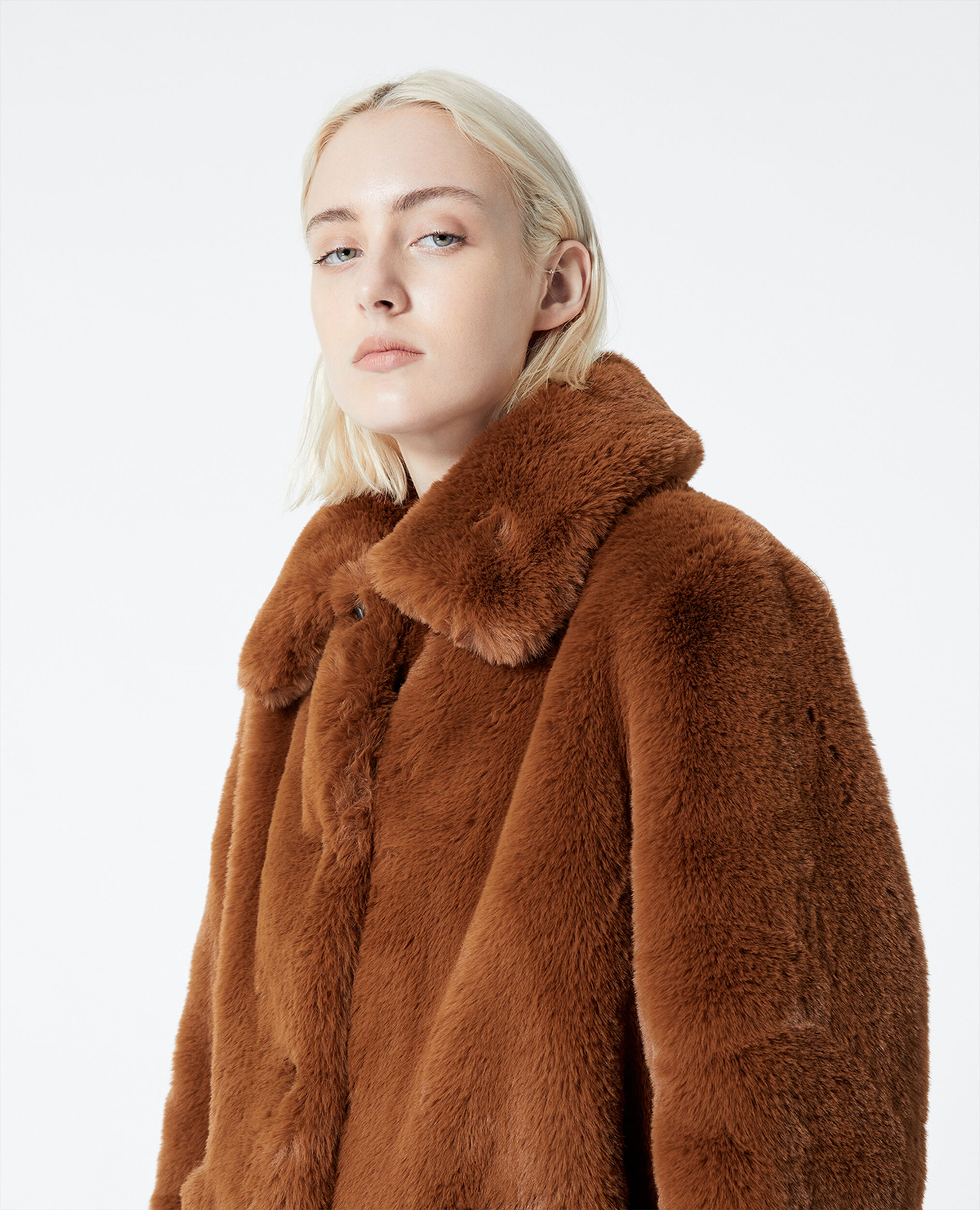 Brown faux fur coat with leather details, COGNAC, hi-res image number null