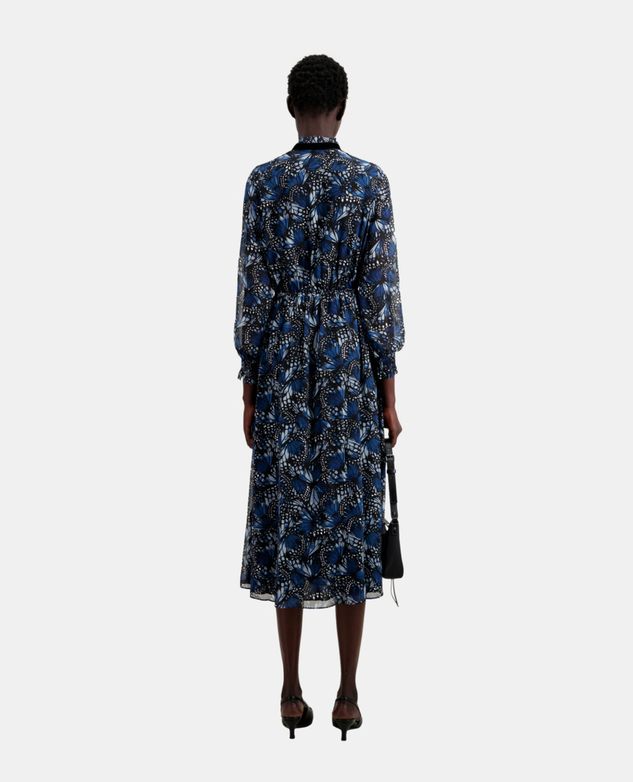 Long printed dress with pleating, BLUE, hi-res image number null
