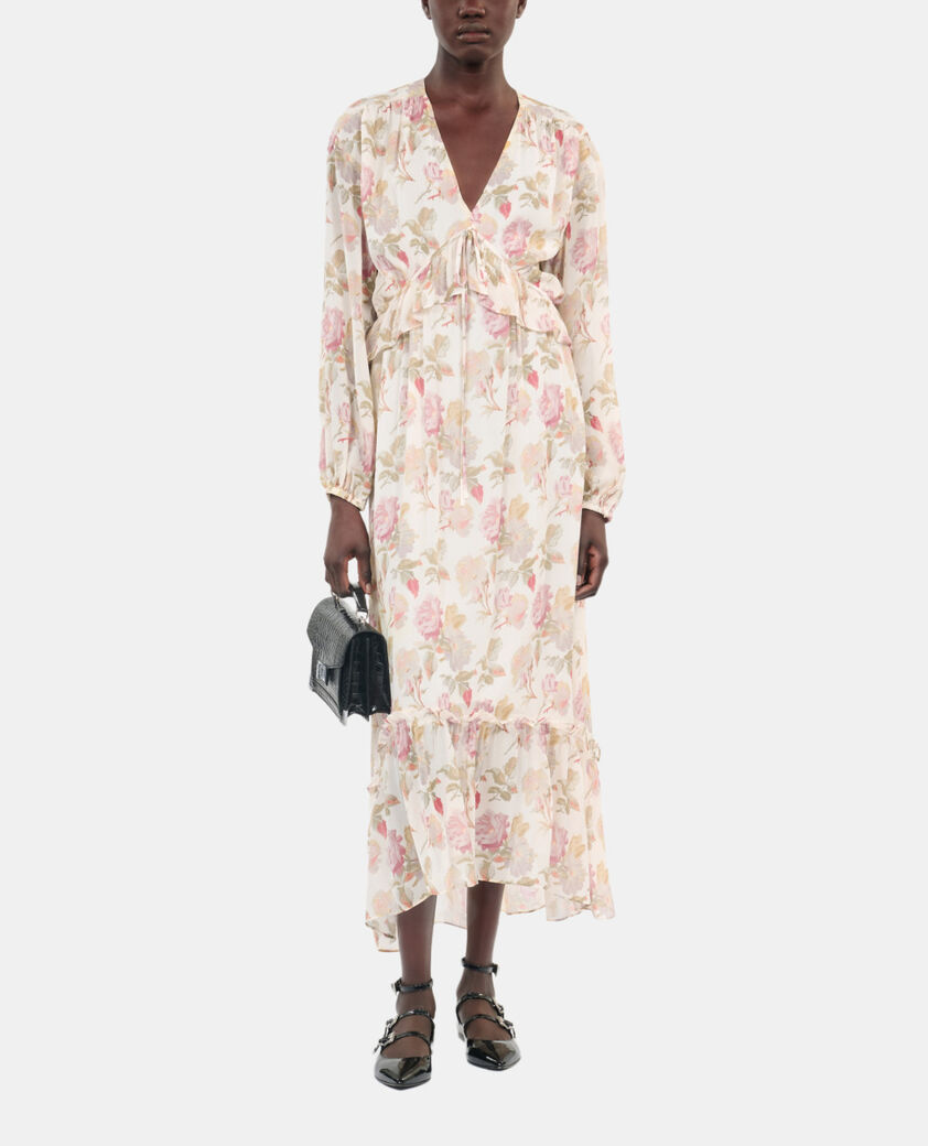 The Kooples F BEIGE / RED long floral printed silk dress