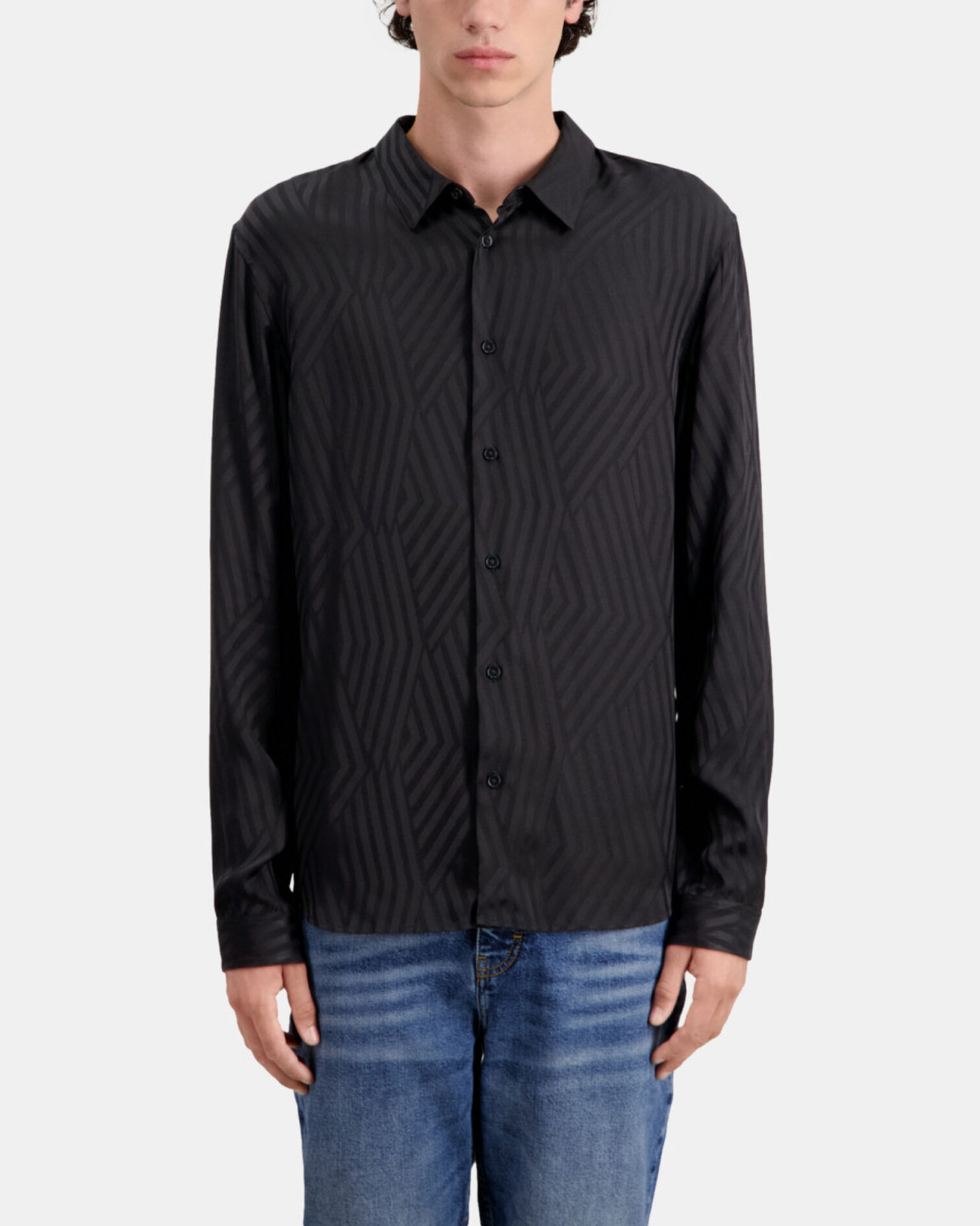 Black geometric jacquard shirt, BLACK, hi-res image number null