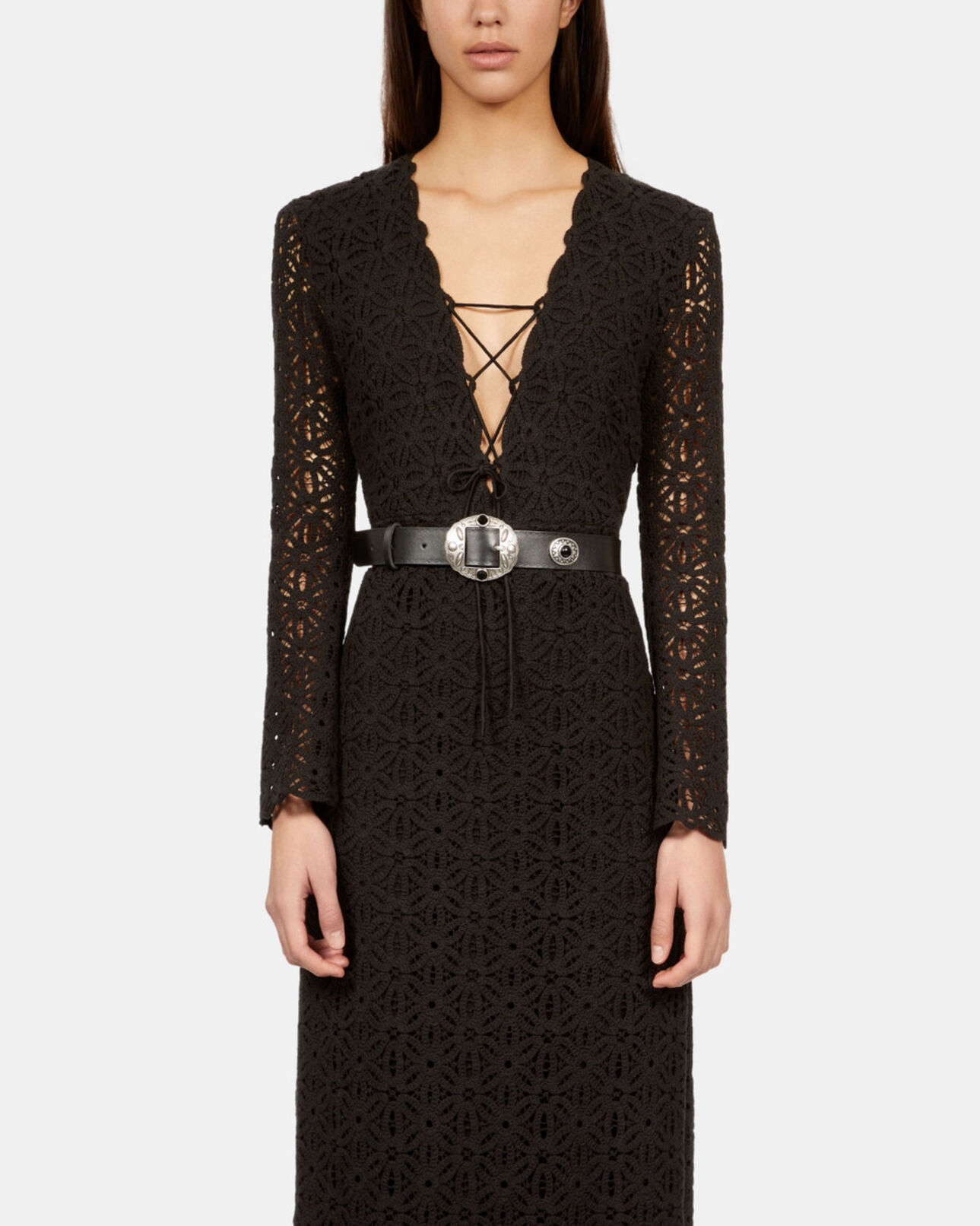 The Kooples MUJER BLACK vestido largo negro guipur