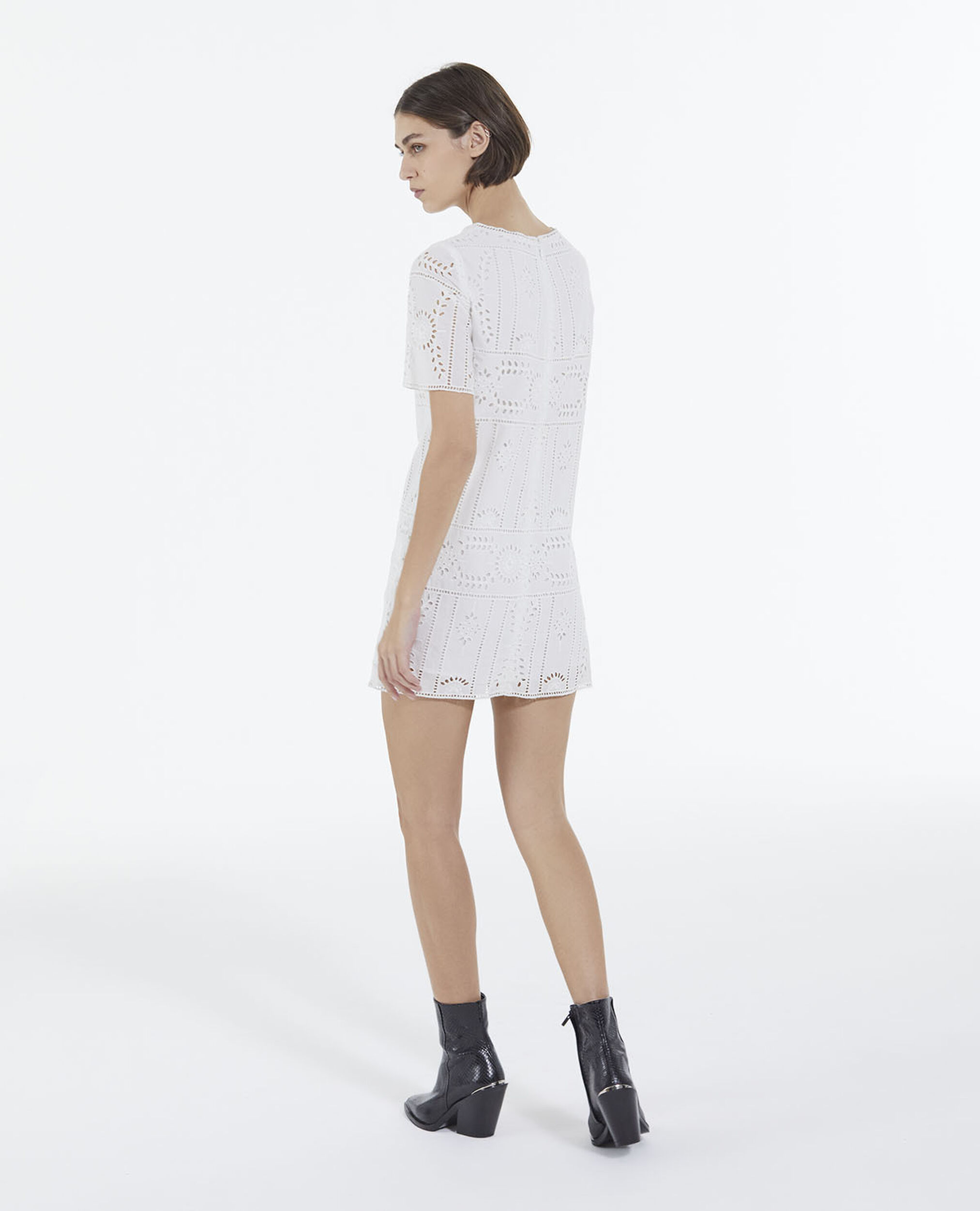 Short white embroidered dress with crew neck, WHITE, hi-res image number null