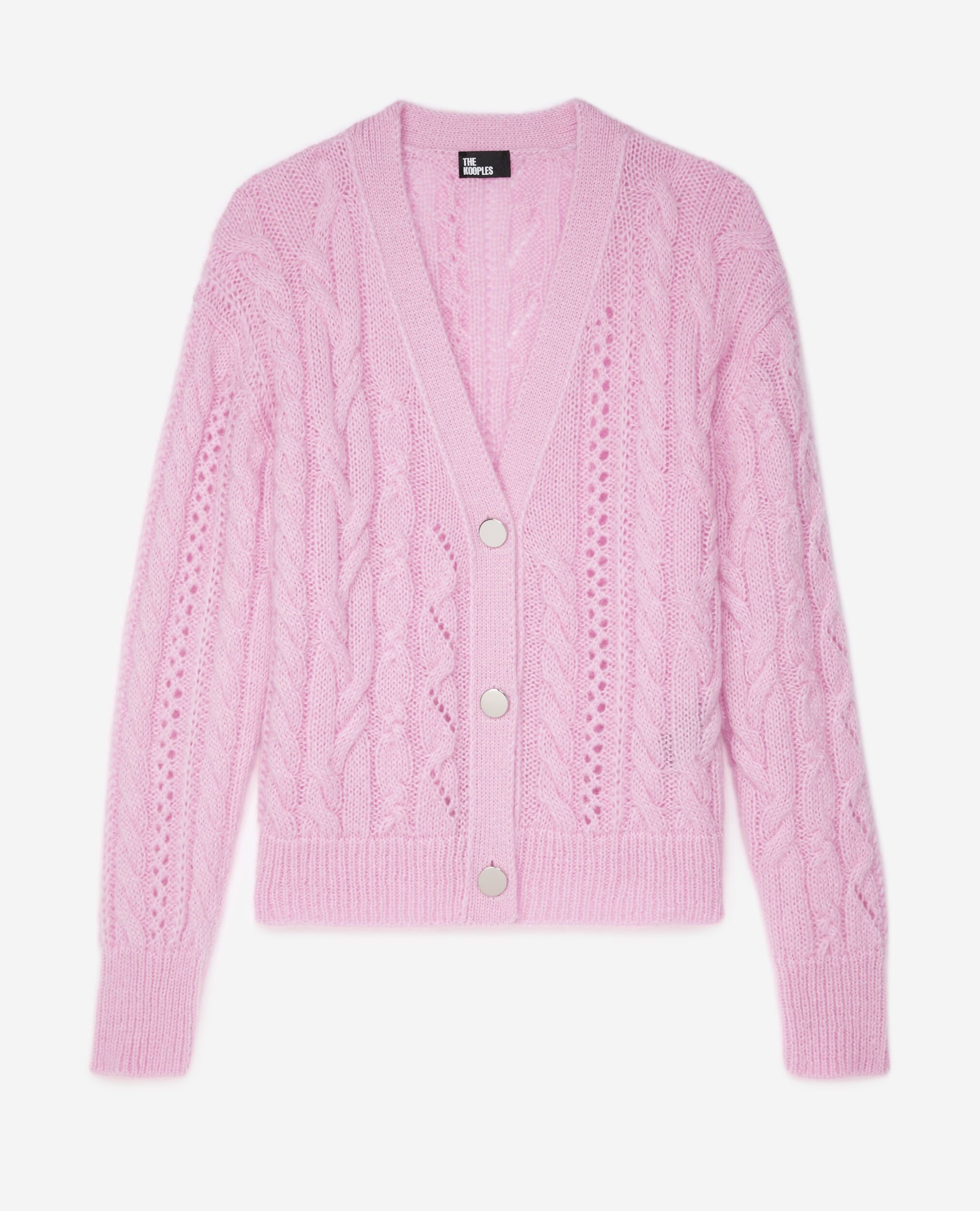 Pink cable knit wool blend cardigan