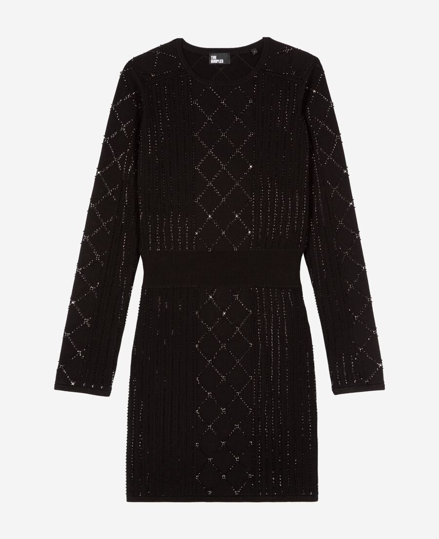 The Kooples WOMEN BLACK short knitted dress with rhinestones and pearls, black