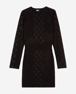 The Kooples WOMEN BLACK short knitted dress with rhinestones and pearls, black