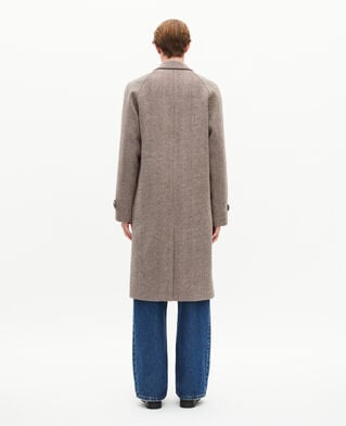 The Kooples HERREN BROWN CHEVRON langer brauner wollmantel mit fischgr&auml;tenmuster