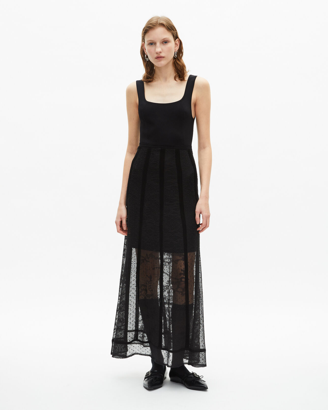 The Kooples FEMME BLACK robe longue en maille et dentelle noire