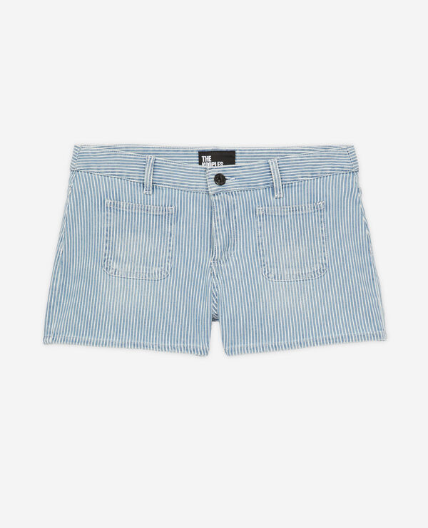 blue and white striped denim shorts