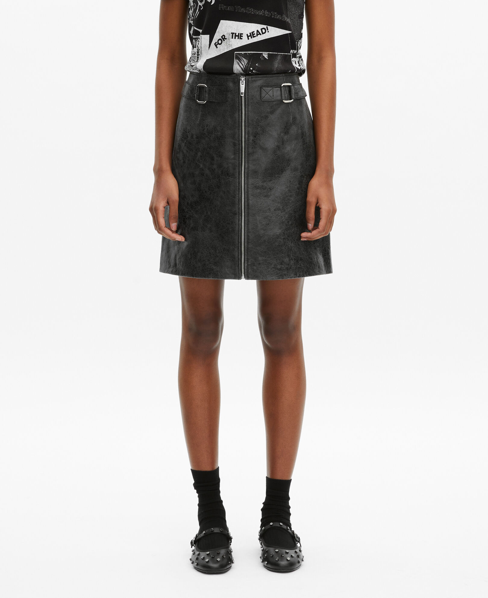 The Kooples WOMEN BLACK STONE short black leather skirt with zipper