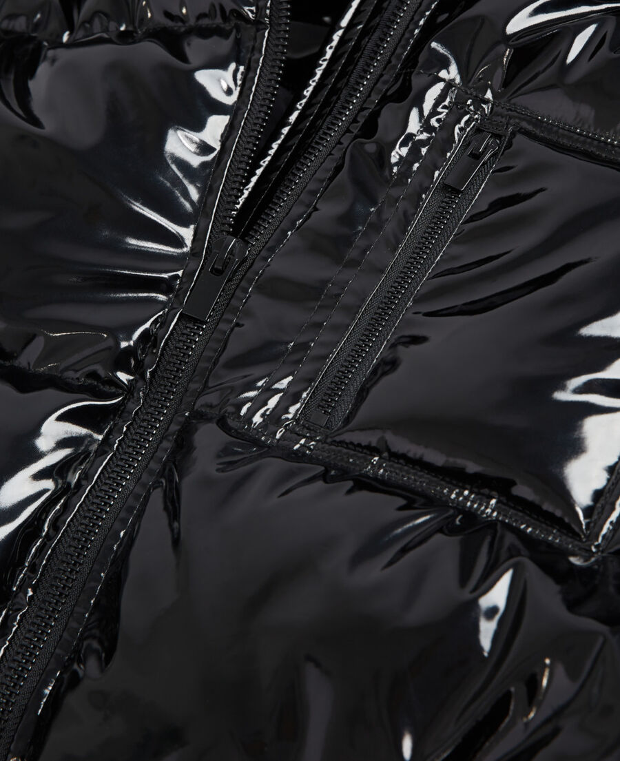 black oversized vinyl down jacket with straps and logo