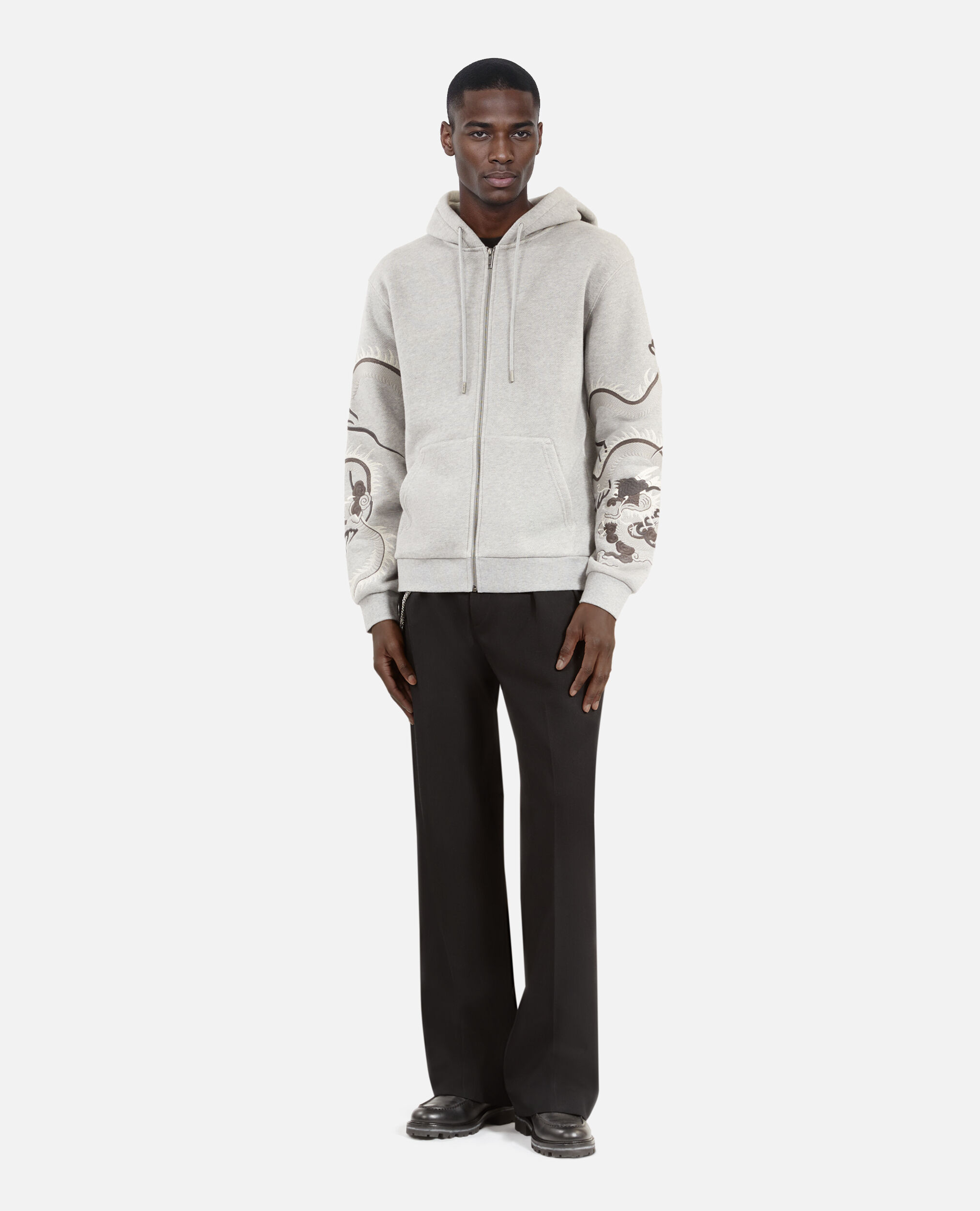 Sudadera bordada capucha gris, GREY MELANGE, hi-res image number null