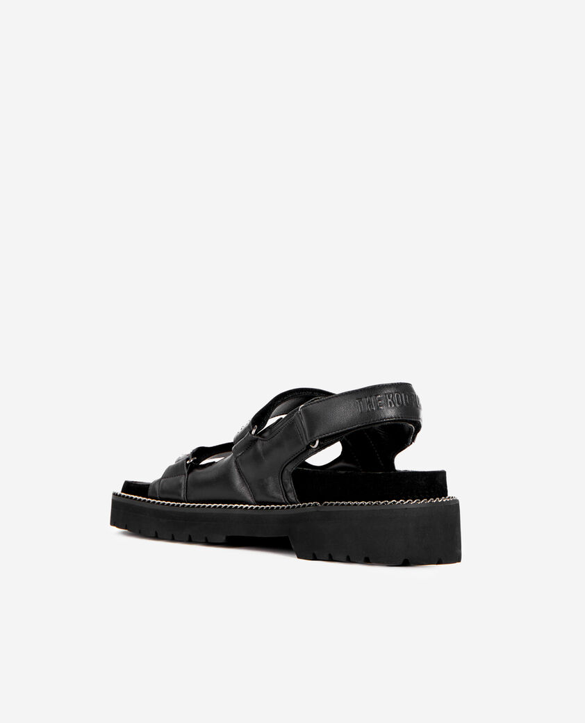 The Kooples WOMEN BLACK black leather flat sandals with chain and studs