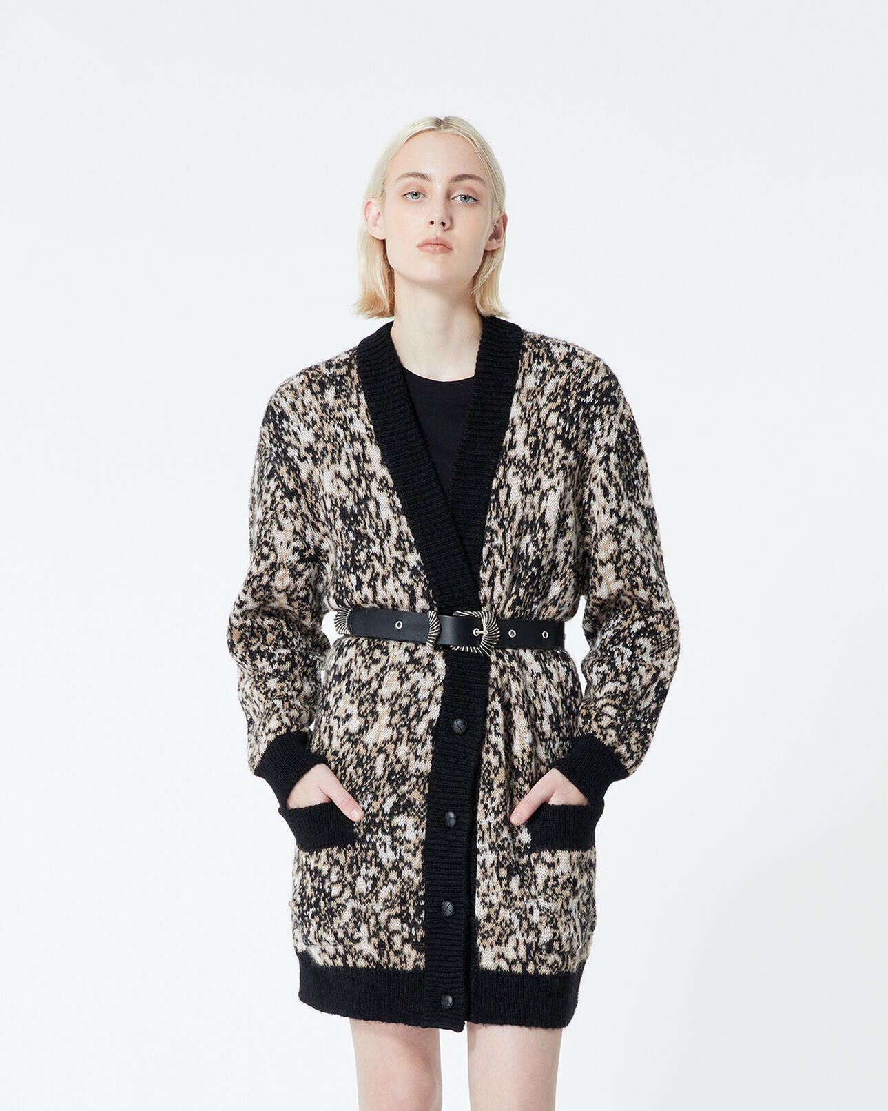 The Kooples DAMEN WHITE + BLACK PRINT strickjacke leopardenprint lang