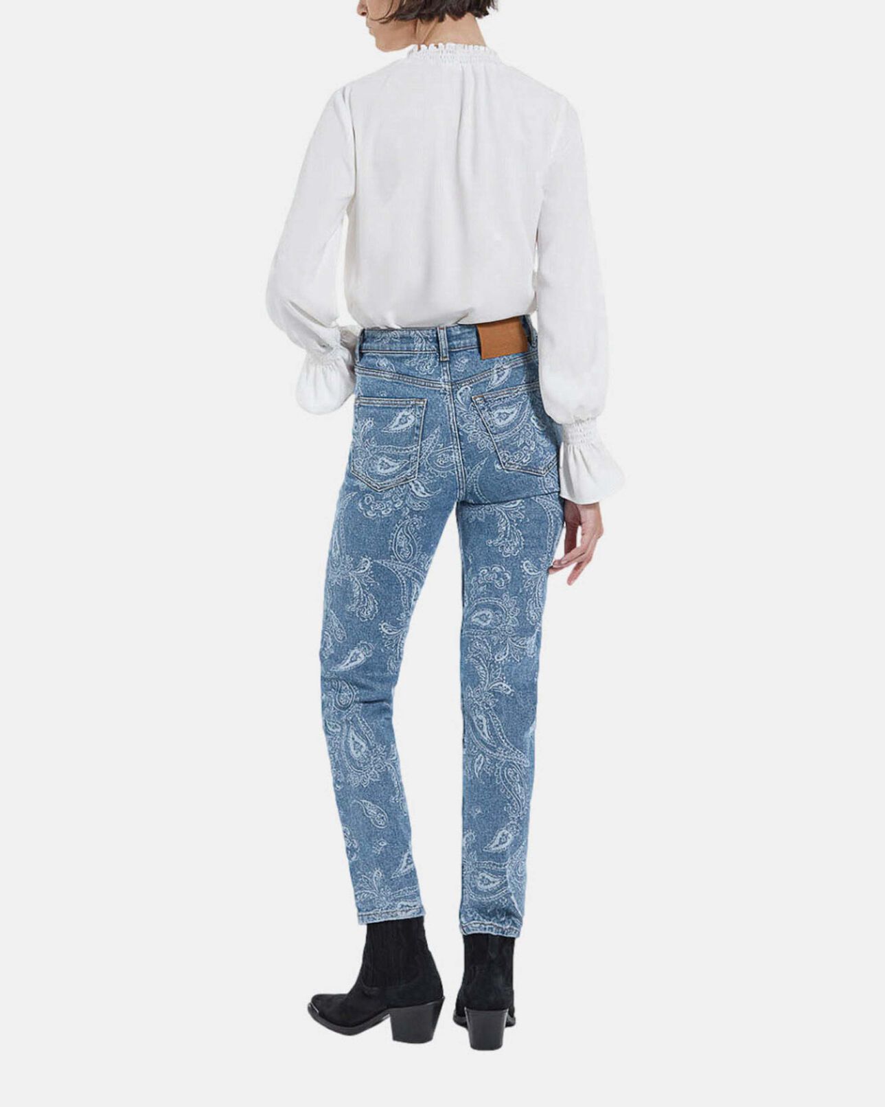 The Kooples WOMEN BLUE DENIM straight cropped jeans with faded paisley pattern