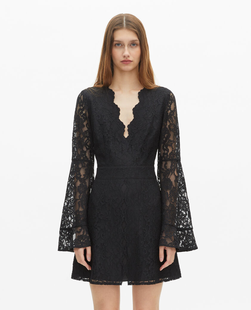 The Kooples DAMEN BLACK kurzes kleid mit ausgestellten &auml;rmeln aus schwarzer spitze