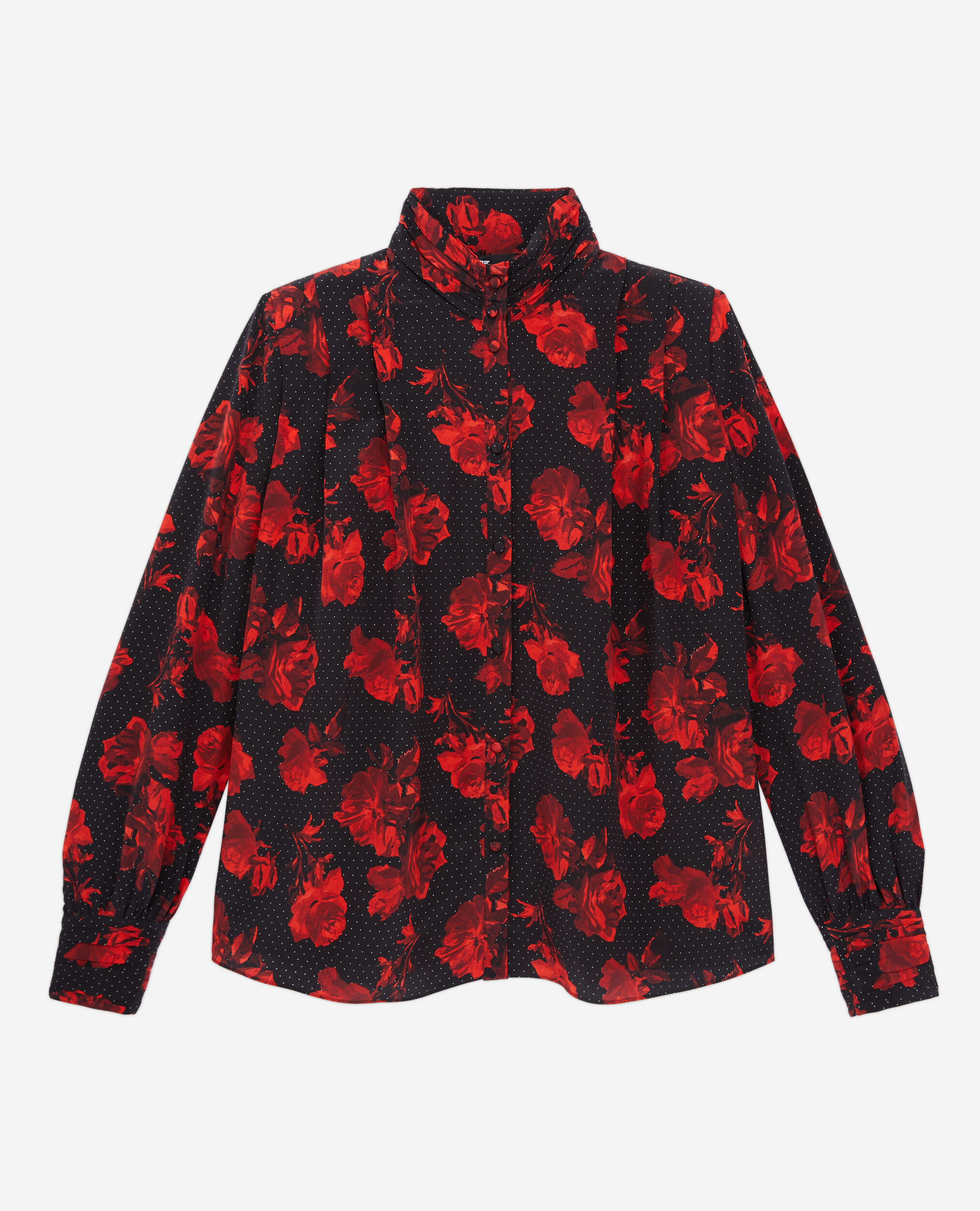 Top imprimé en soie avec plissage, BLACK - RED, hi-res image number null