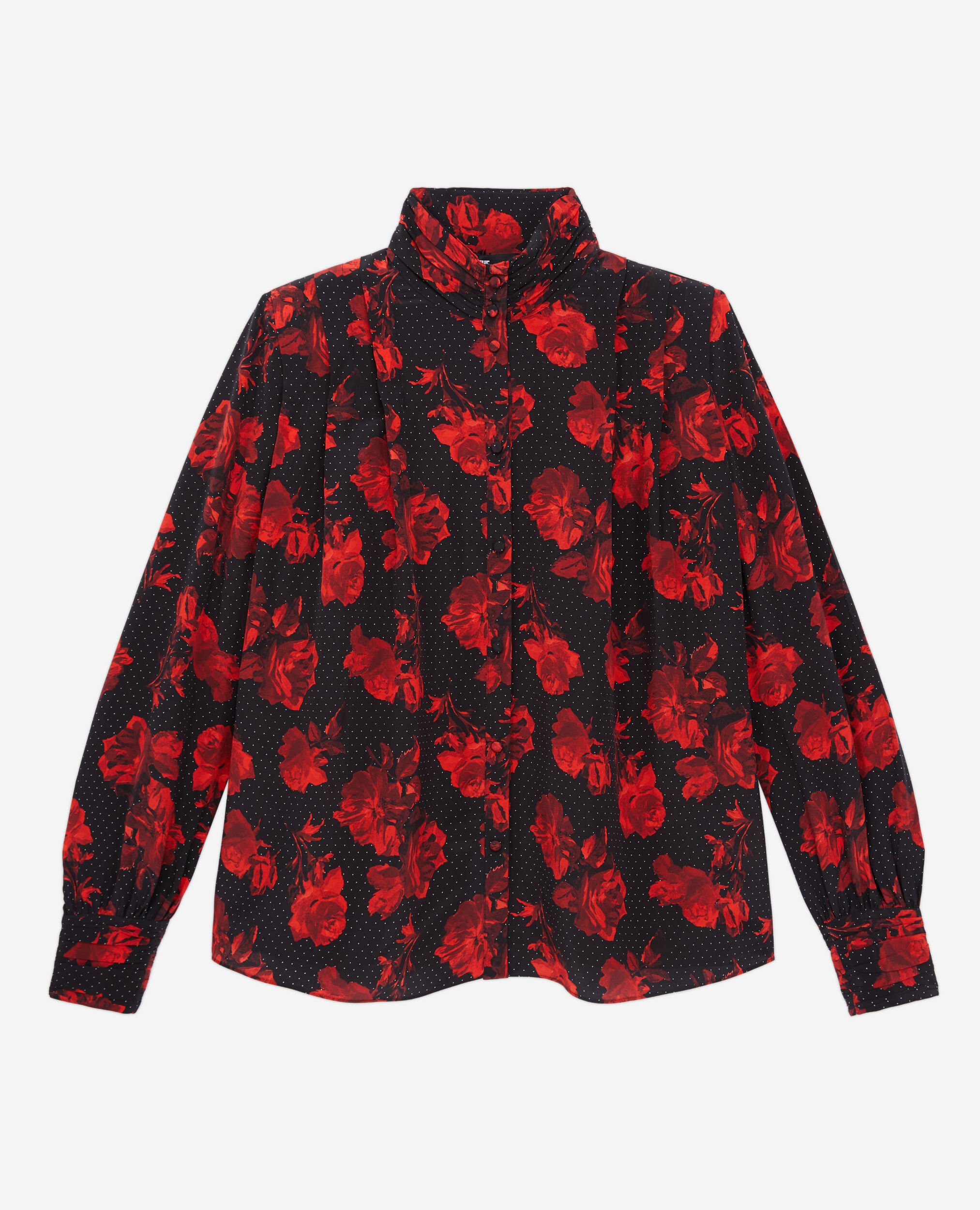 Printed silk top with pleating, BLACK - RED, hi-res image number null