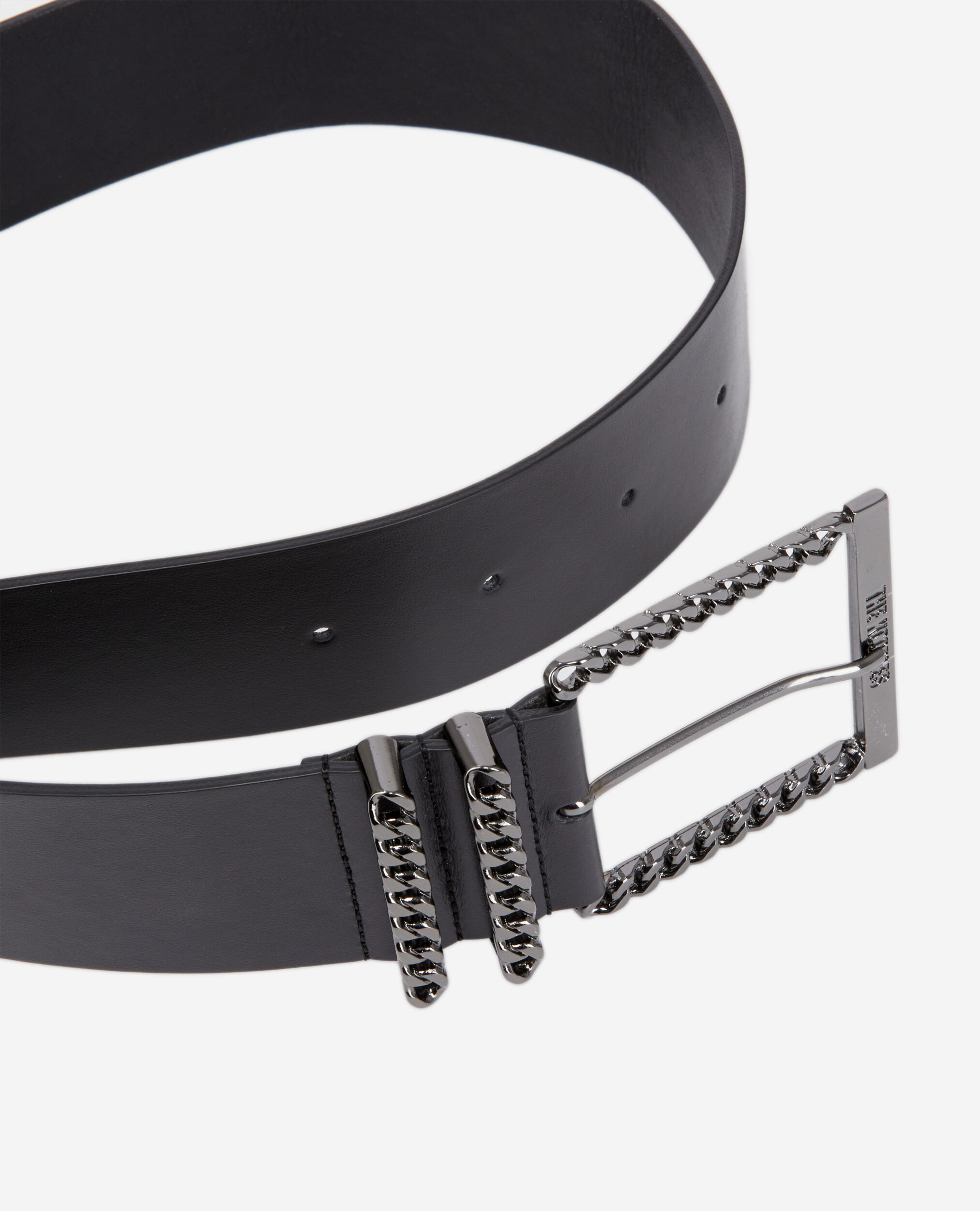 Black leather belt with chain buckle, BLACK, hi-res image number null