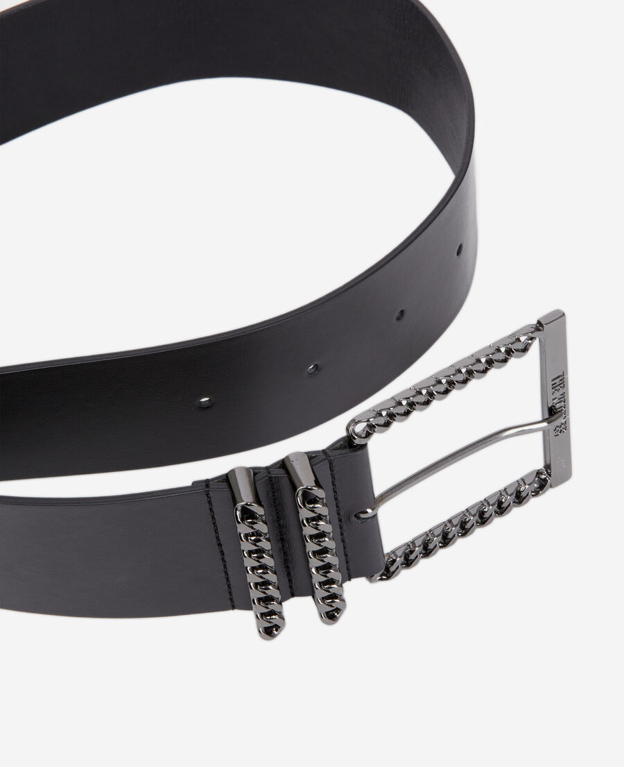 black leather belt with chain buckle