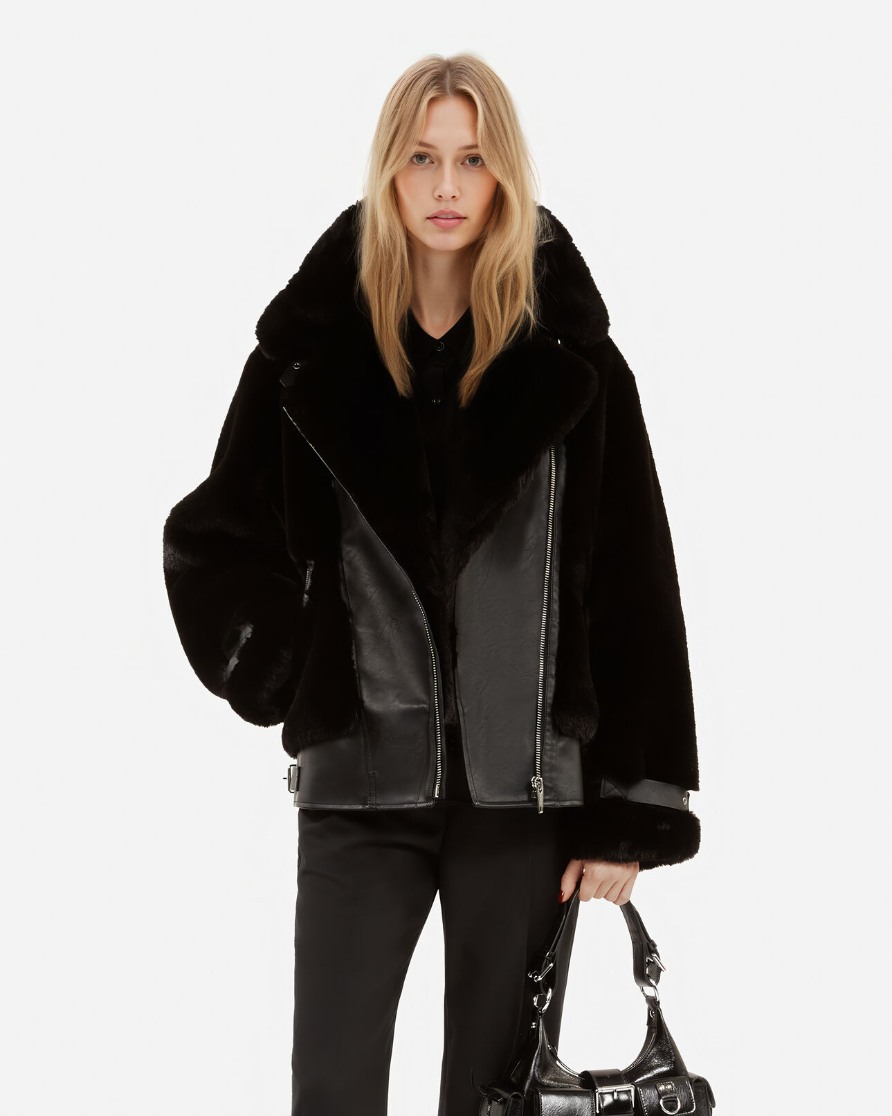 The Kooples WOMEN BLACK black fur-effect aviator jacket