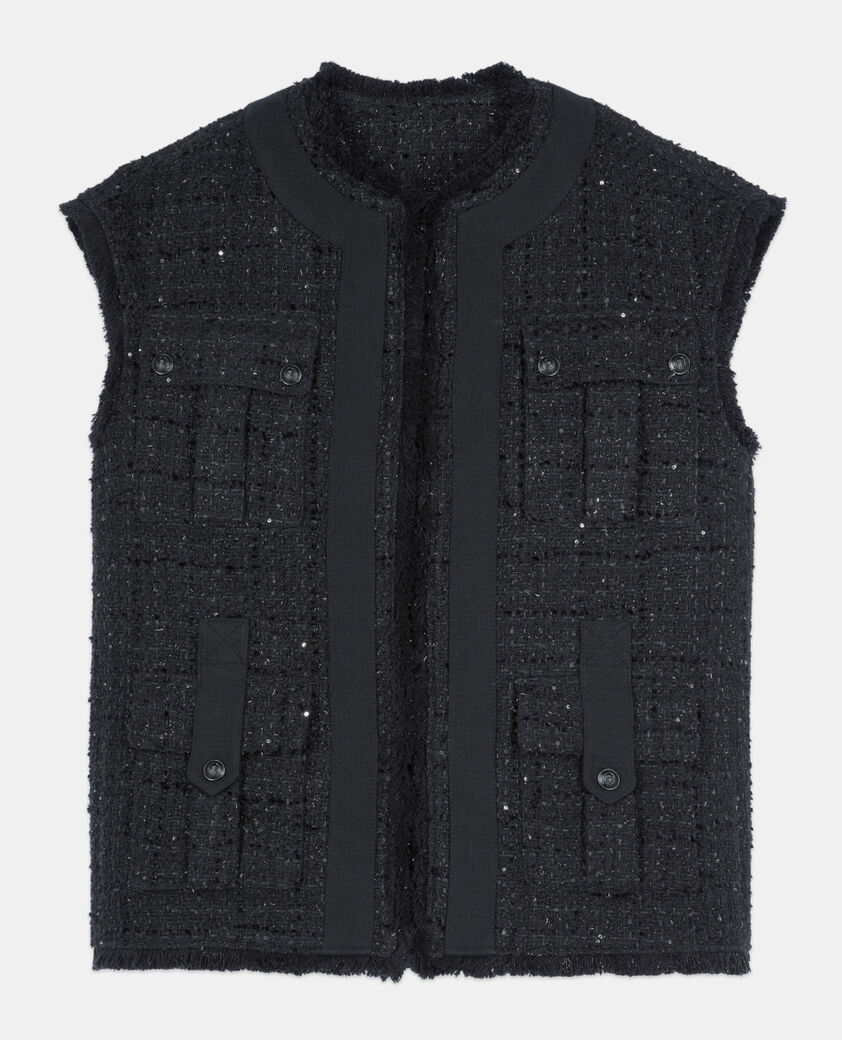 The Kooples WOMEN BLACK black tweed sleeveless jacket
