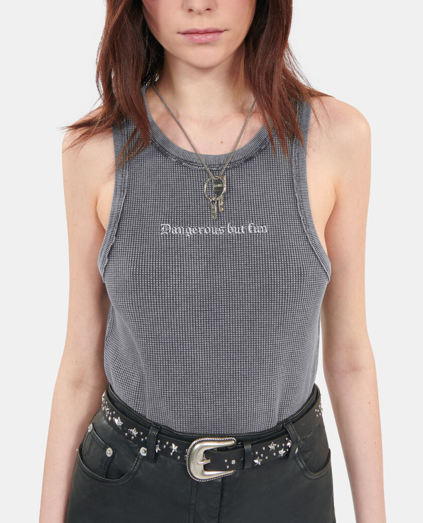 The Kooples WOMEN BLACK WASHED black tank top with dangerous but fun serigraphy