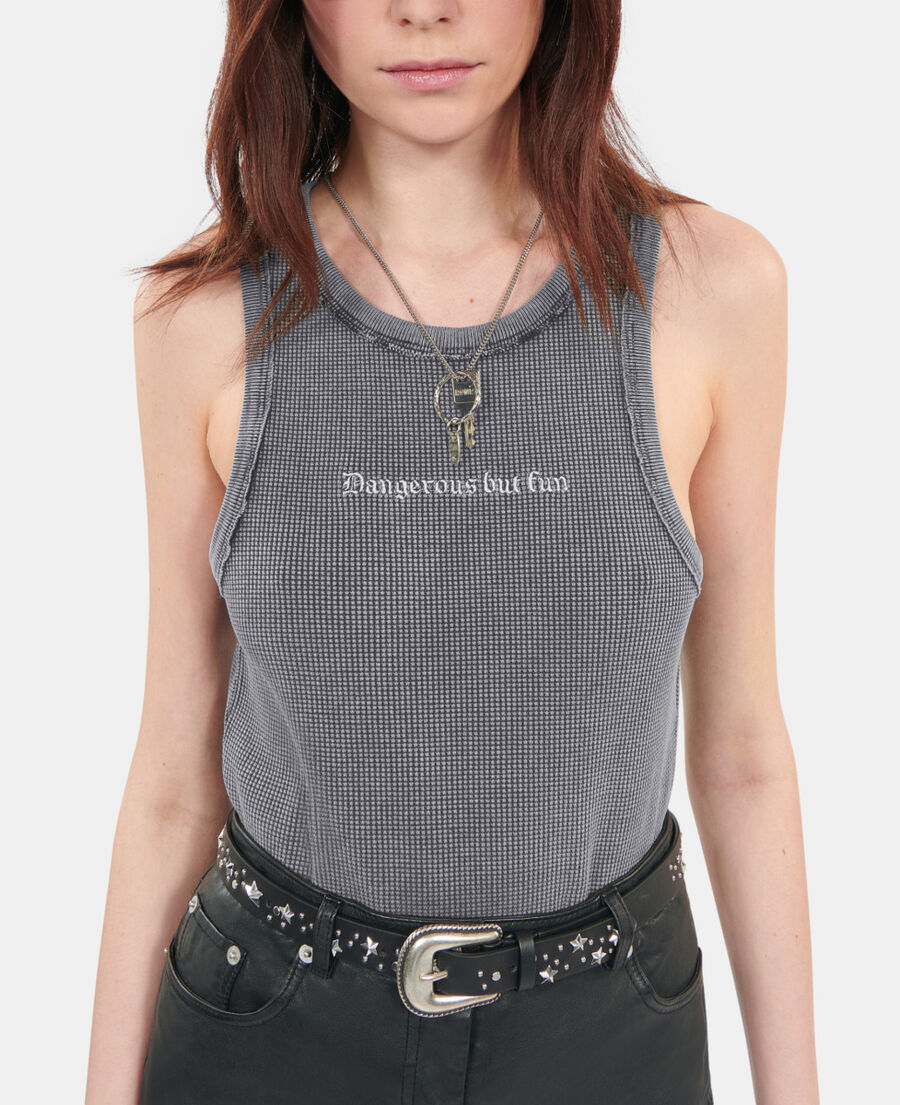 The Kooples F BLACK WASHED black tank top with dangerous but fun serigraphy