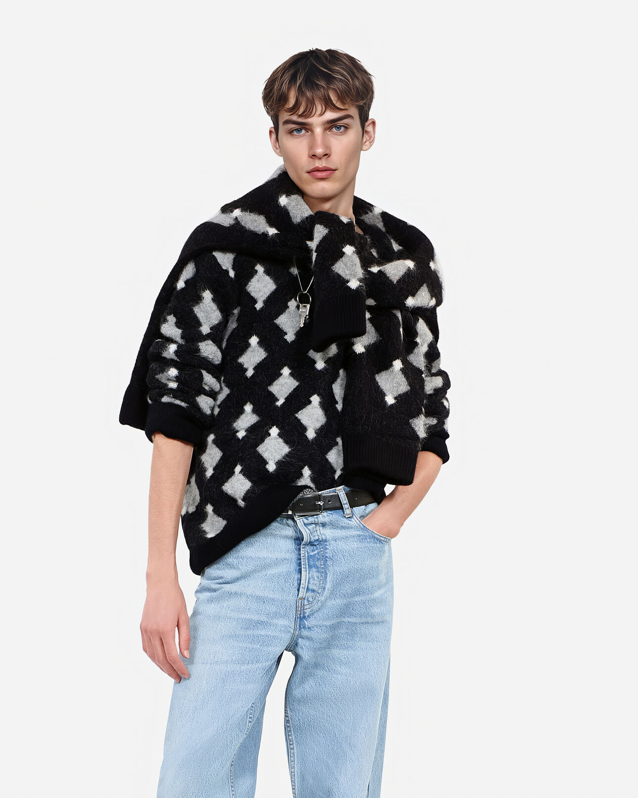 The Kooples HOMME BLACK GREY WHITE pull à losanges en laine et alpaga noir et gris