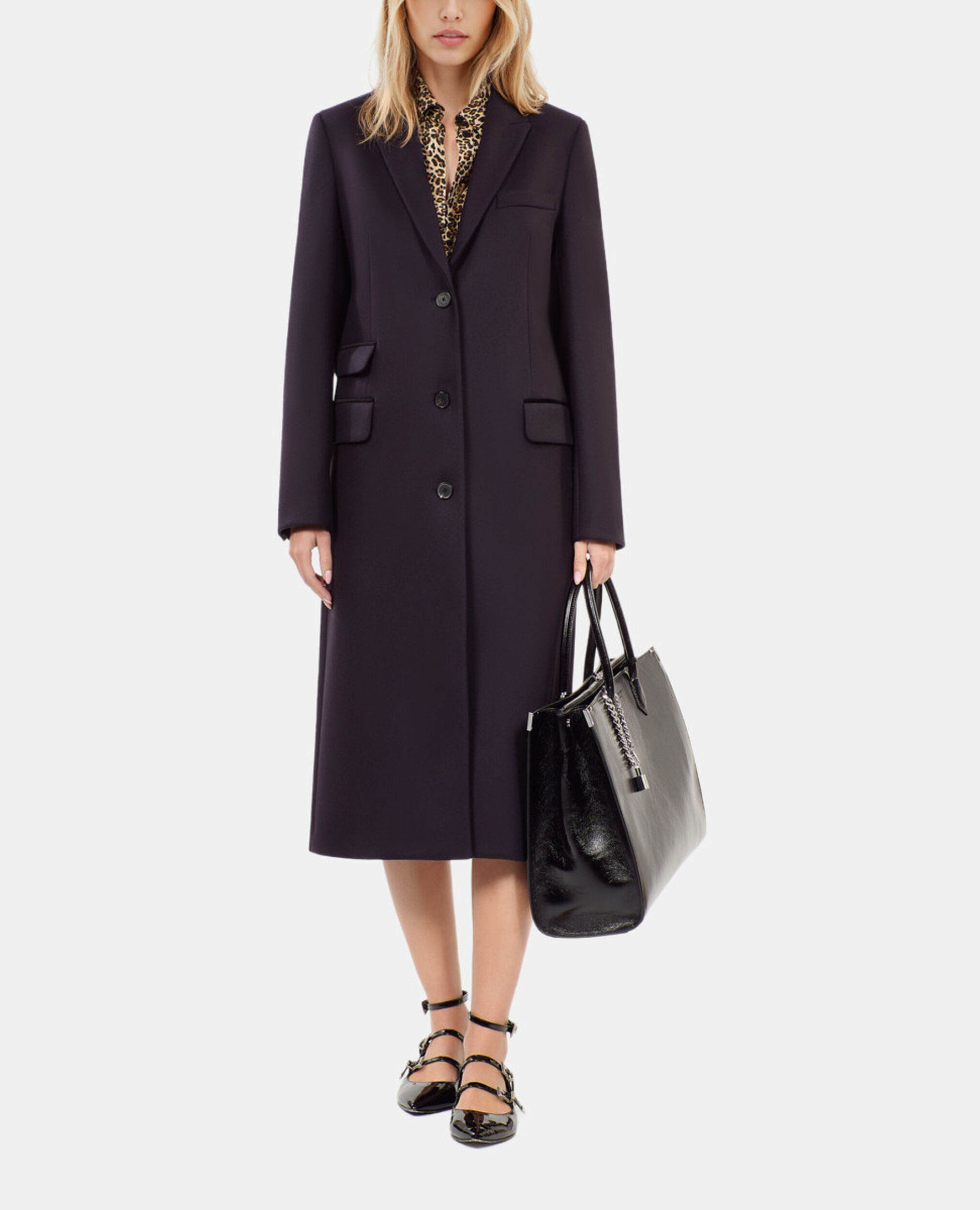 Manteau long en laine mélangée bleu marine, NAVY, hi-res image number null