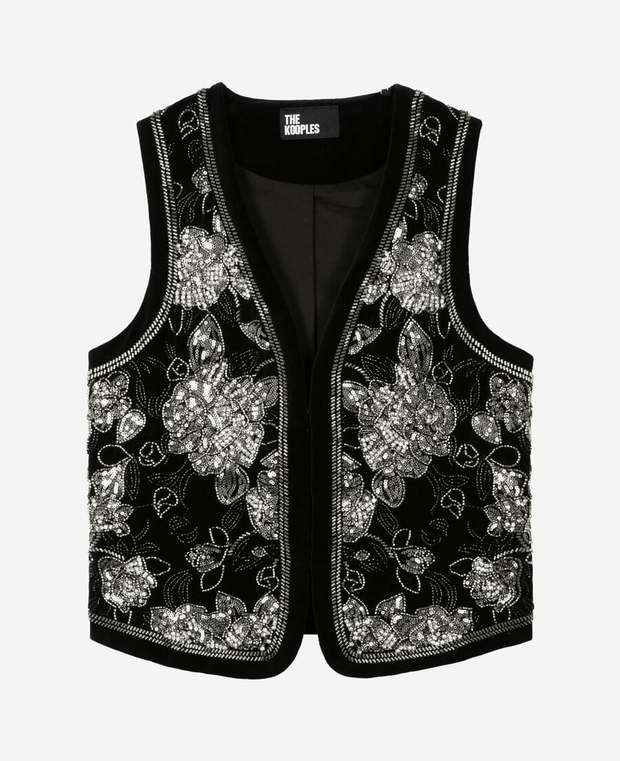 The Kooples F BLACK-ANTIC SILVER black embroidered velvet vest