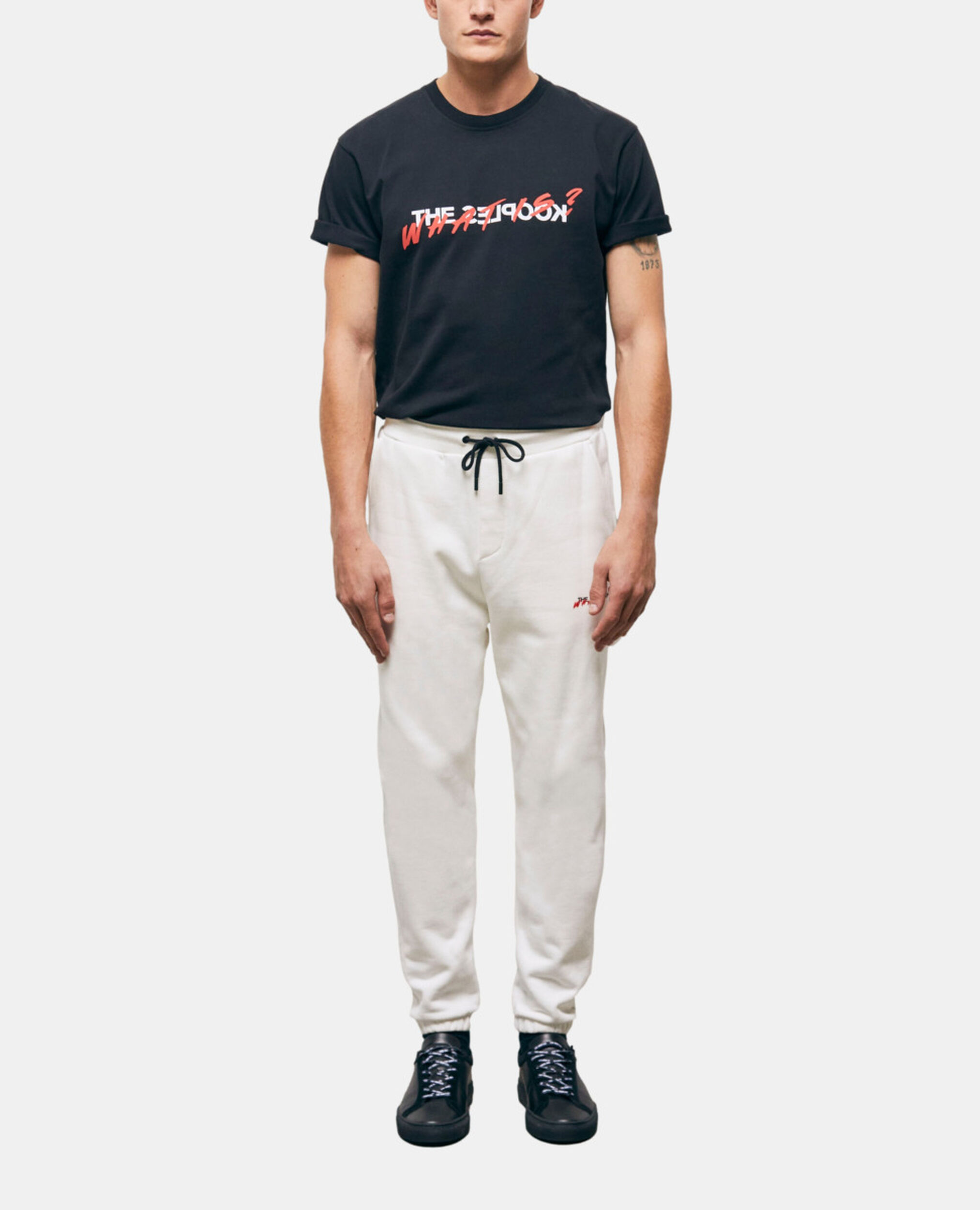 Ecru joggers with What is print, ECRU, hi-res image number null