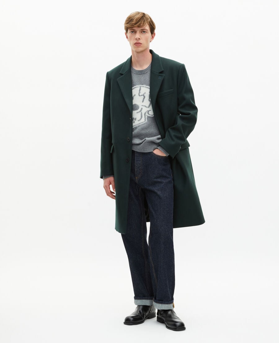 The Kooples MEN BOTTLE GREEN dark green leather lapel collar wool coat
