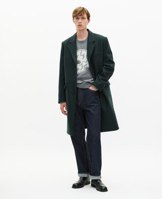 The Kooples MEN BOTTLE GREEN dark green leather lapel collar wool coat