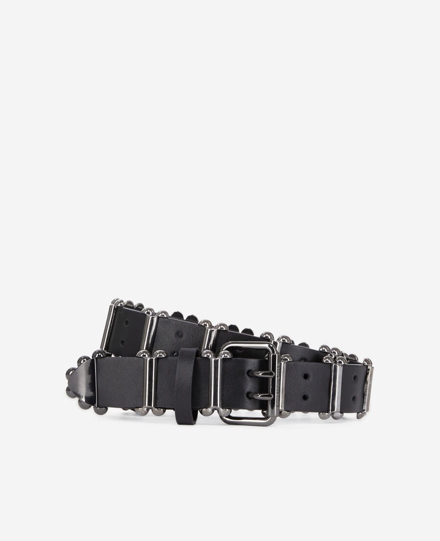 The Kooples F BLACK black leather belt with metallic inserts